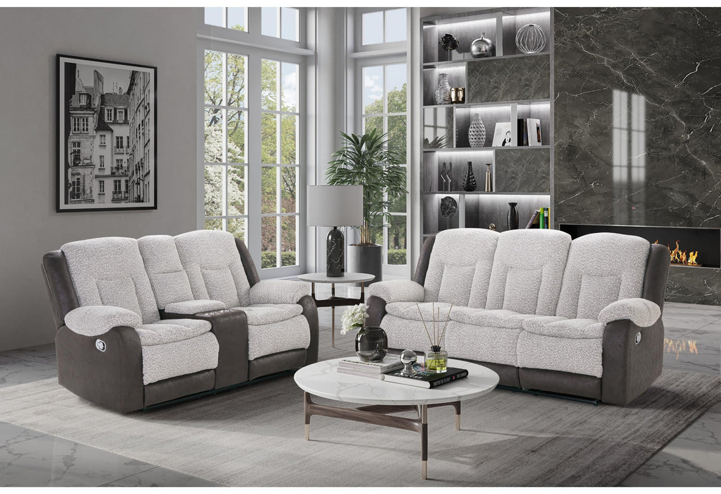 U4377 GREY/BROWN RECLINING SOFA WITH DROP DOWN TABLE/CONSOLE RECLINING LOVESEAT - Golden Home Furniture (Columbus, OH) - Multi Location