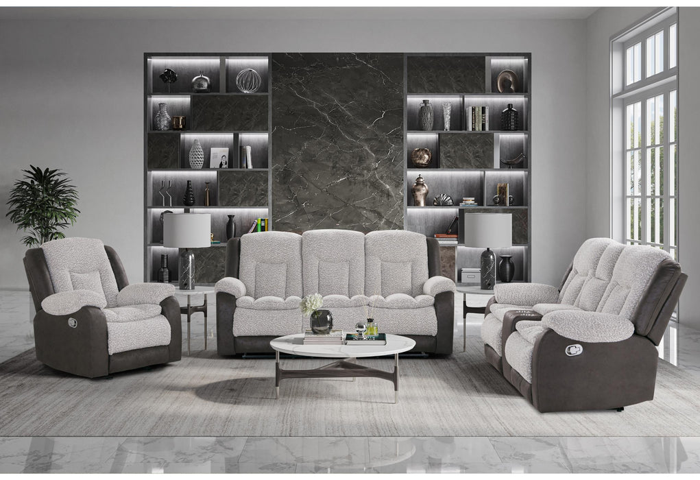 U4377 GREY/BROWN RECLINING SOFA WITH DROP DOWN TABLE/CONSOLE RECLINING LOVESEAT/GLIDER RECLINER - Golden Home Furniture (Columbus, OH) - Multi Location