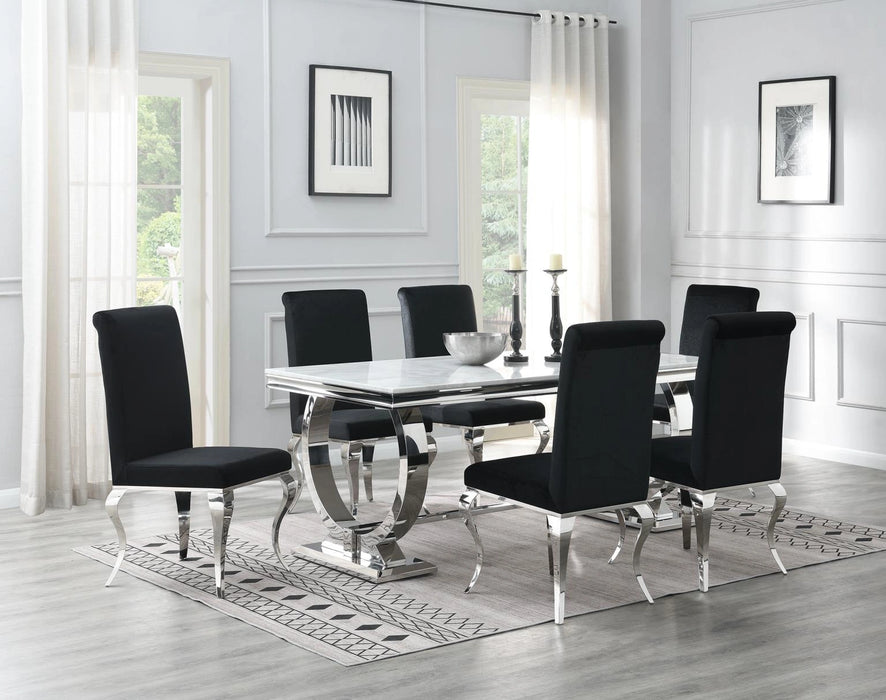 Dining Table (White Marble) & 6 Black Velvet Chairs