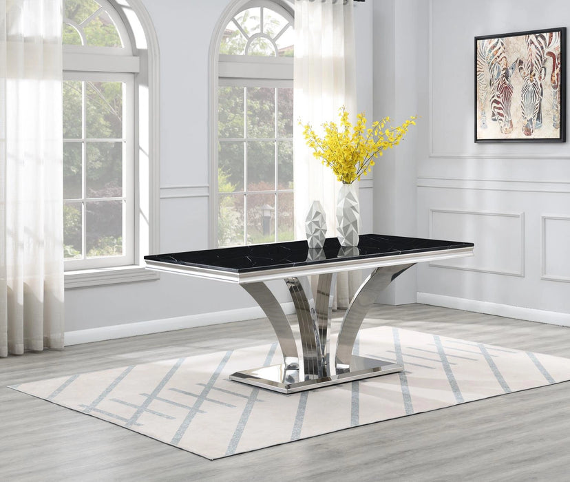 Dining Table (Black Marble) & 6 Gray Velvet Chairs
