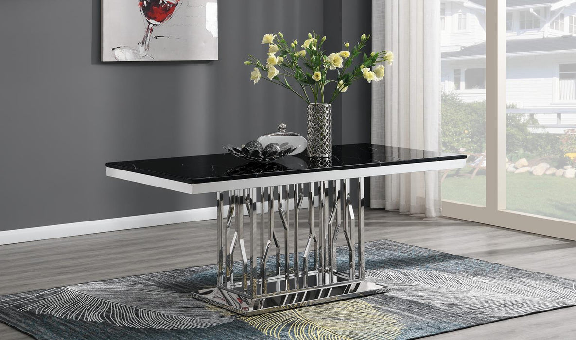 Dining Table (Black Marble) & 6 Black Leather Chairs