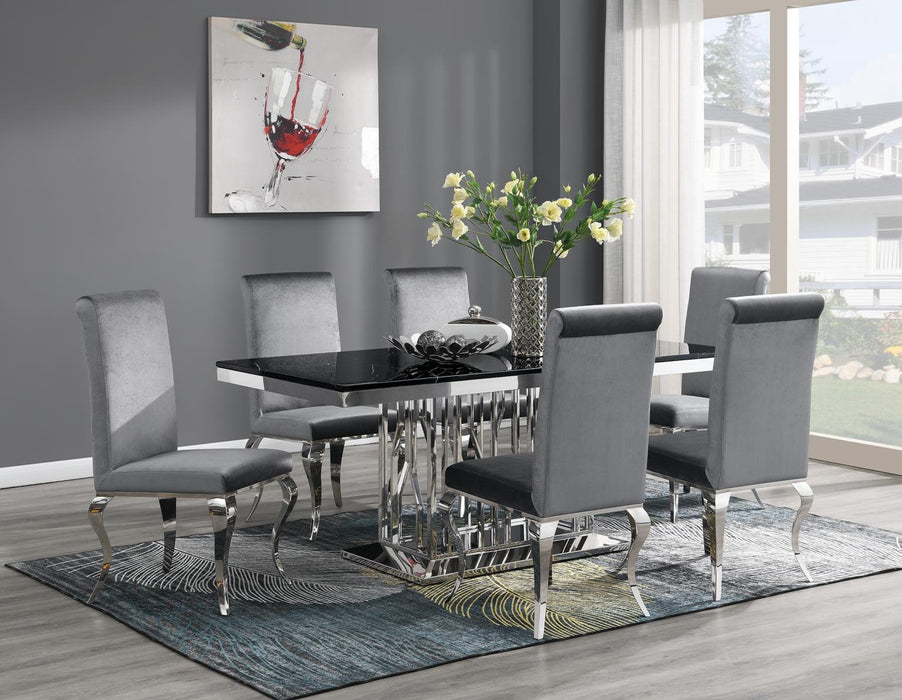 Dining Table (Black Marble) & 6 Gray Velvet Chairs