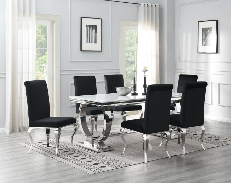 Dining Table (White Marble) & 6 Black Velvet Chairs
