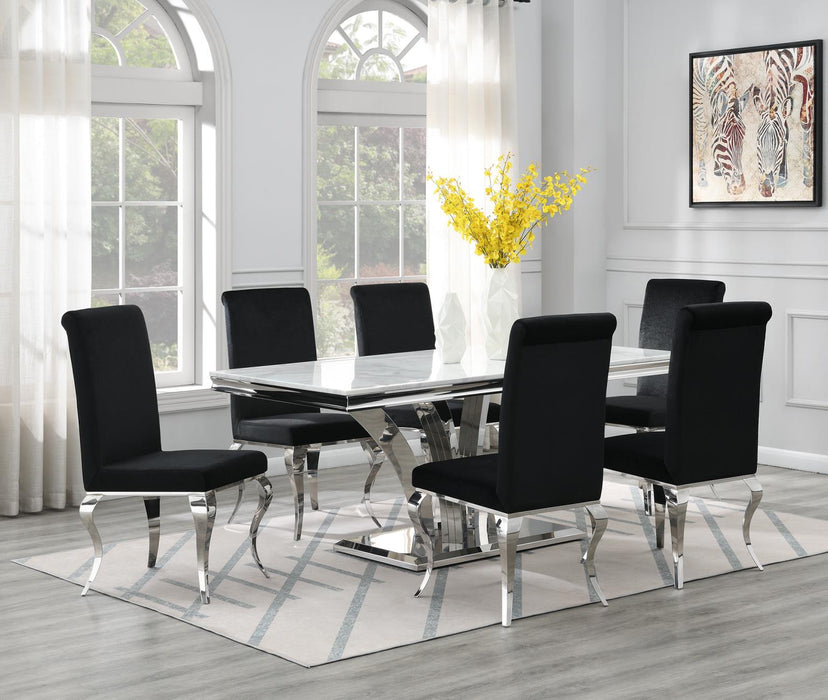 G-083-T-WHITE Dining Table-White Marble-4 Black Leather Chairs