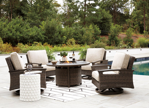 Paradise Trail Paradise Trail Fire Pit Table with 4 Nuvella Swivel Lounge Chairs - Golden Home Furniture 