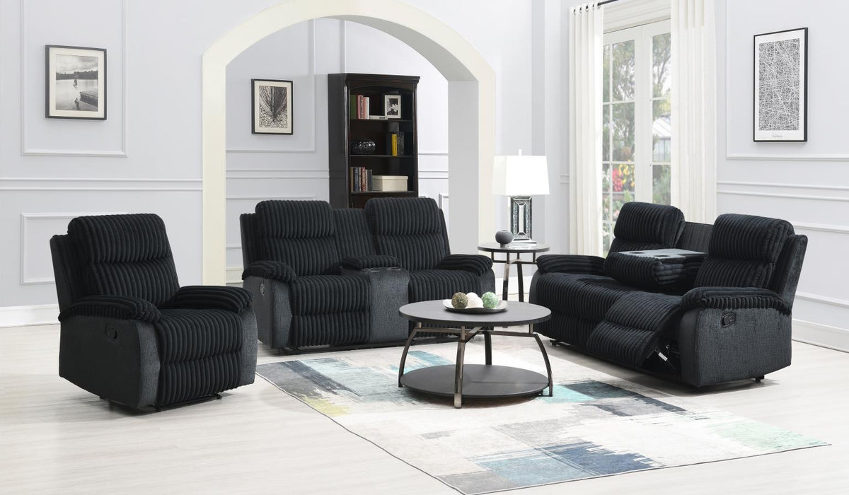 Black Corduroy Motion Sofa W/Drop Down Table