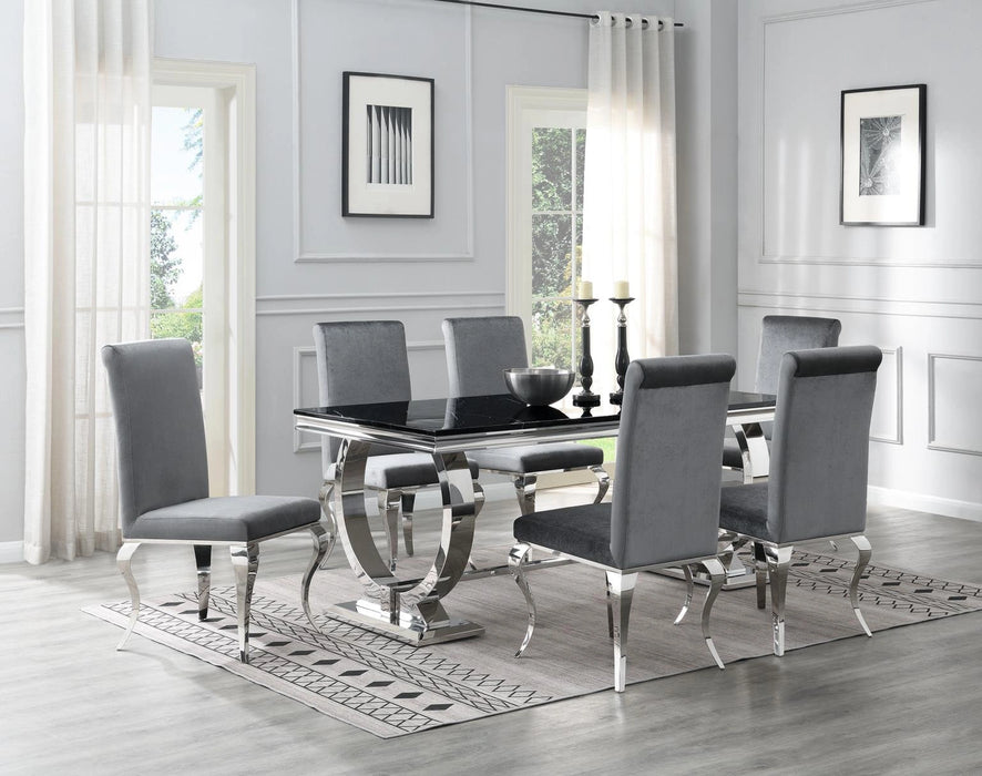 Dining Table (Black Marble) & 6 Gray Velvet Chairs