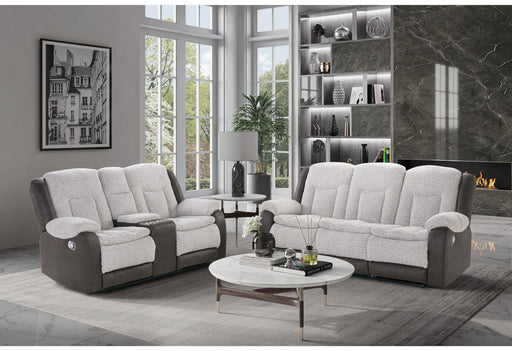 U4377 GREY/BROWN RECLINING SOFA WITH DROP DOWN TABLE/CONSOLE RECLINING LOVESEAT - Golden Home Furniture (Columbus, OH) - Multi Location