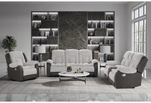 U4377 GREY/BROWN RECLINING SOFA WITH DROP DOWN TABLE/CONSOLE RECLINING LOVESEAT/GLIDER RECLINER - Golden Home Furniture (Columbus, OH) - Multi Location